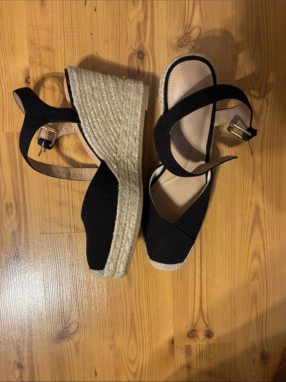 Time and Tru Black Espadrille Wedge Sandals with Gold Buckle